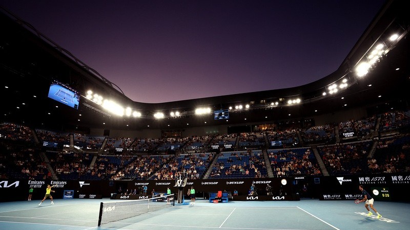 MELBOURNE, AUSTRALIA &#8211; FEBRUARY 09: General view on Rod Laver Arena during the Men&#8217;s Singles first round match between Stefanos Tsitsipas of Greece and Gilles Simon of France during day two of the 2021 Australian Open at Melbourne Park on F