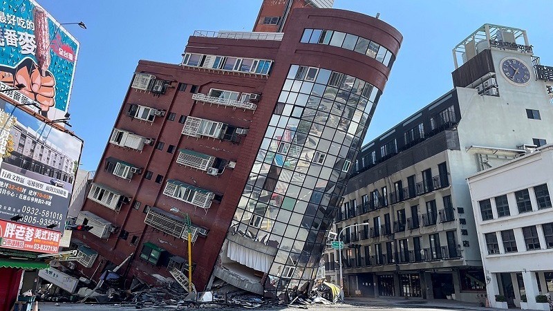 This photo taken by Taiwan&#8217;s Central News Agency (CNA) on April 3, 2024 shows a damaged building in Hualien, after a major earthquake hit Taiwan&#8217;s east. At least one person was feared dead and nearly 60 injured on April 3 by a powerful eart