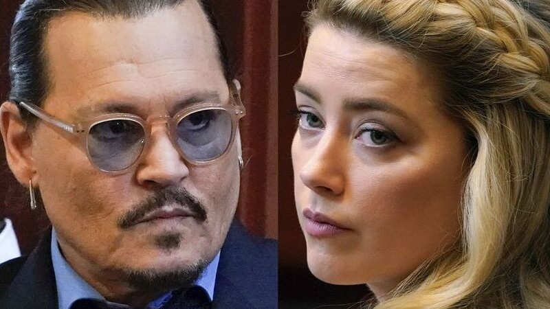 This combination of two separate photos shows actors Johnny Depp, left, and Amber Heard in the courtroom for closing arguments at the Fairfax County Circuit Courthouse in Fairfax, Va., on Friday, May 27, 2022. Depp is suing Heard after she wrote an op-