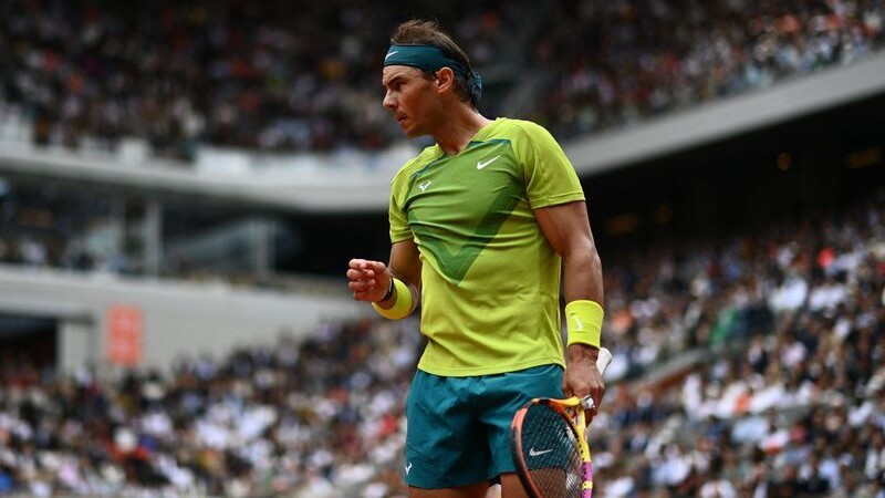 Spain&#8217;s Rafael Nadal reacts after a point against Norway&#8217;s Casper Ruud during their men&#8217;s singles final match on day fifteen of the Roland-Garros Open tennis tournament at the Court Philippe-Chatrier in Paris on June 5, 2022. (Photo b