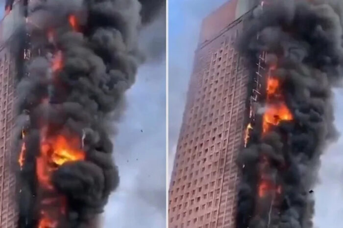 Impresionante incendio en una torre en China de 200 metros